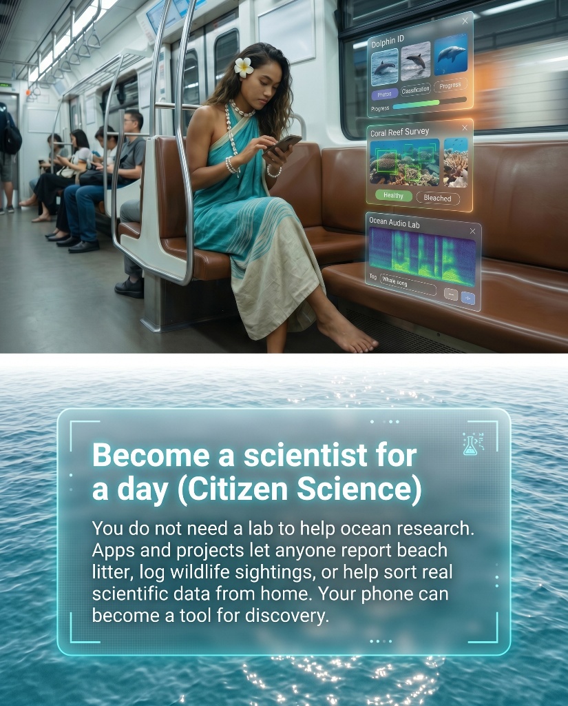 Become a scientist for a day (Citizen Science) — You do not need a lab to help ocean research. Apps and projects let anyone report beach litter, log wildlife sightings, or help sort real scientific data from home. Your phone can become a tool for discovery.
