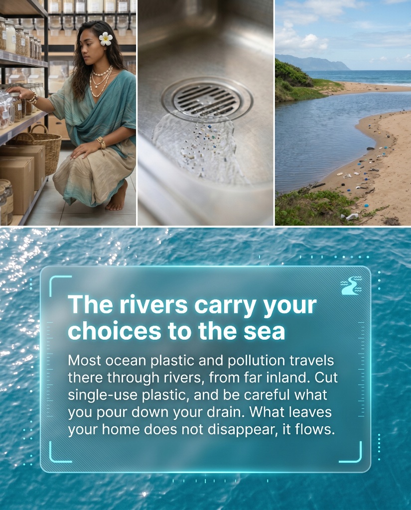 The rivers carry your choices to the sea — Most ocean plastic and pollution travels there through rivers, from far inland. Cut single-use plastic, and be careful what you pour down your drain. What leaves your home does not disappear, it flows.
