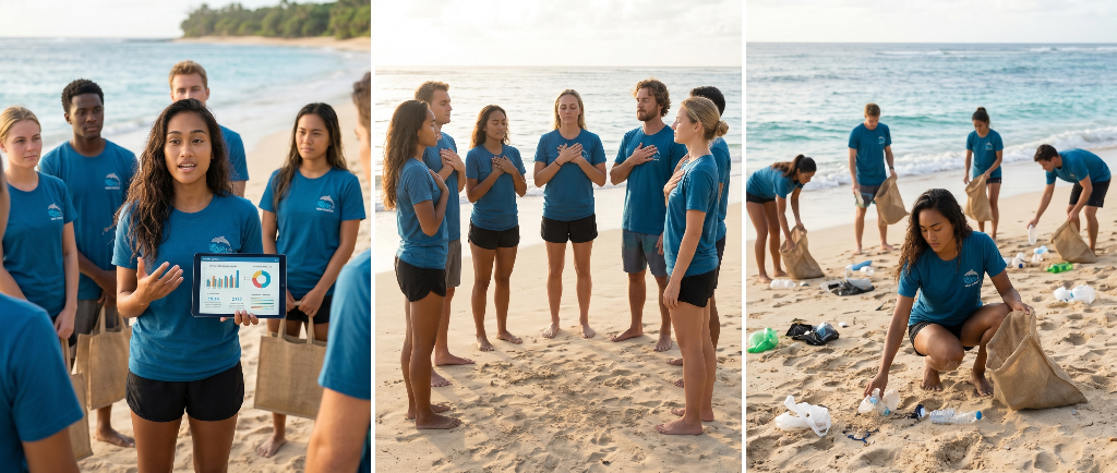 Three pillars of ocean conservation in action — Moana presenting reef data on a tablet with her team, the team standing hand-on-heart in a circle honoring the ocean, and hands-on beach cleanup collecting plastic from the shore