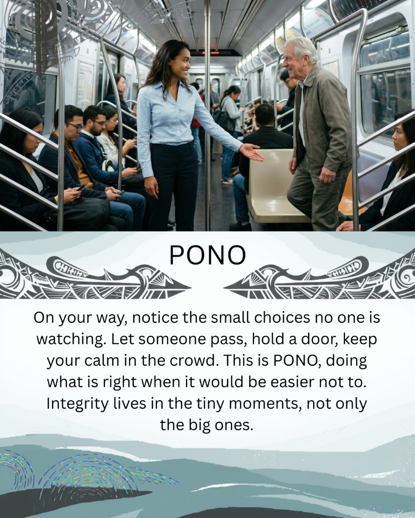 PONO — On your way, notice the small choices no one is watching. This is PONO, doing what is right when it would be easier not to.